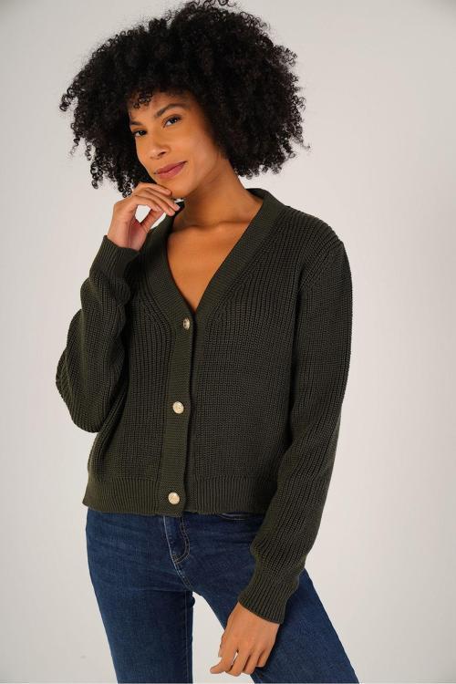 Haki Kadın Selanik Örgü V Yaka %100 Pamuk Hırka