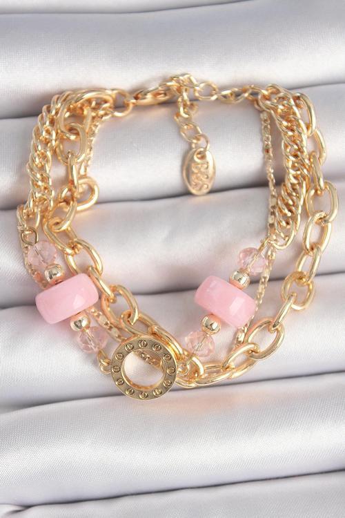Pirinç Gold Renk Çoklu Pembe Taşlı Kadın Bileklik -  EBJ250510W33805
