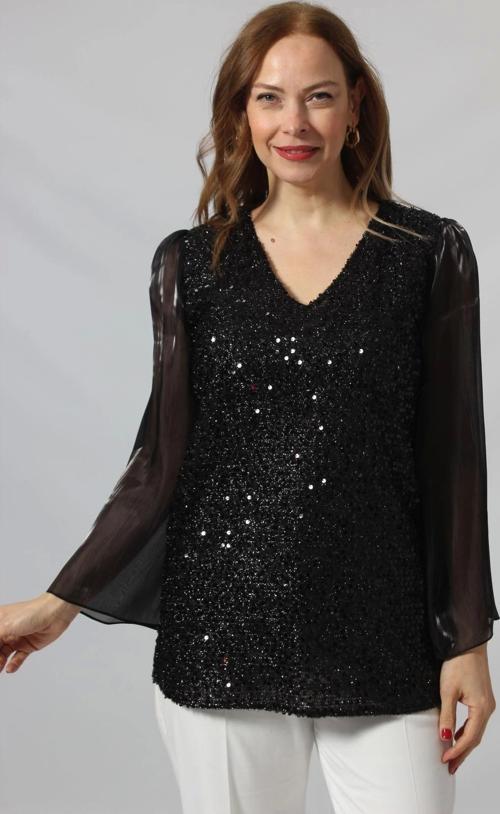 3251SİYAH PULPAYET ORGANZE KOLLU DANTEL KOMBİN BÜYÜK BEDEN ŞIK BLUZ