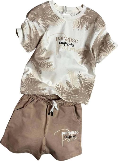 Erkek Çocuk Üzeri Palmiye Detaylı Ve Paradise California Baskılı T-shirt Bej Şortlu Takım