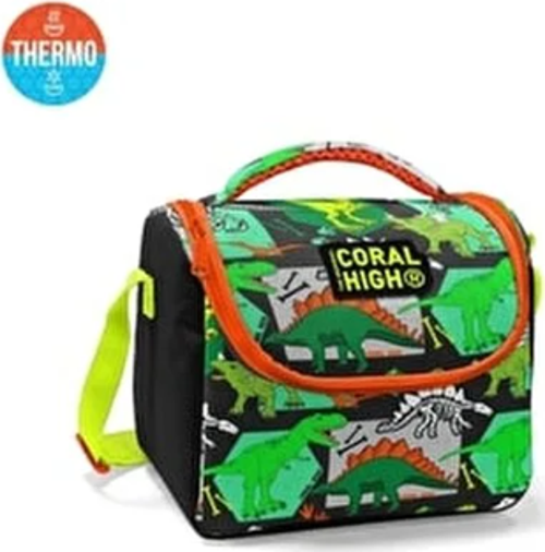 Kids Gri Yeşil Dinozor Desenli Thermo Beslenme Çantası 11832