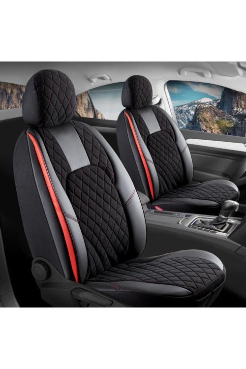 Seat Leon Copa Plus Uyumlu Lüx Yarı Deri Oto Koltuk Kılıfı Ön Arka Takım Chester Siyah Kırmızı