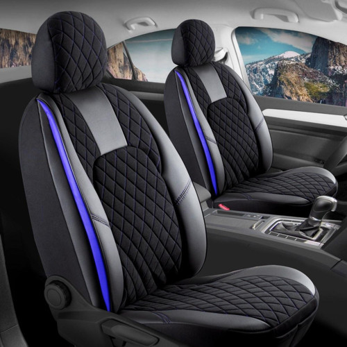 Toyota Yaris 99-2003 Uyumlu Lüx Yarı Deri Oto Koltuk Kılıfı Ön Arka Takım Chester Siyah Mavi