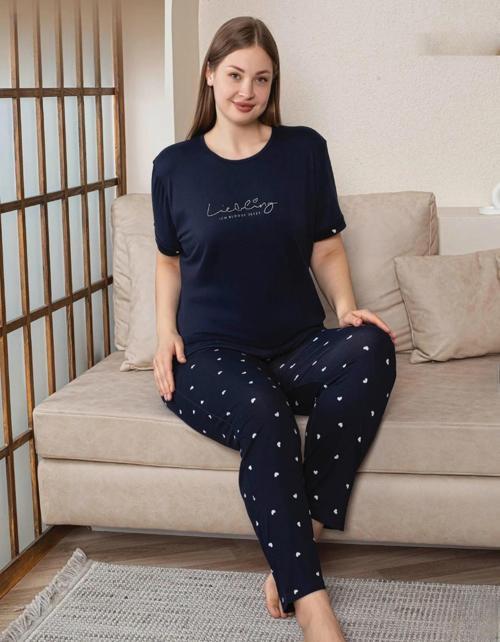 Kadın Milan Büyük Beden Bisiklet Yaka Kısa Kol İnce Pijama Takımı 7665/8- 1 Adet