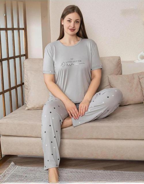Kadın Milan Büyük Beden Bisiklet Yaka Kısa Kol İnce Pijama Takımı 7665/7- 1 Adet