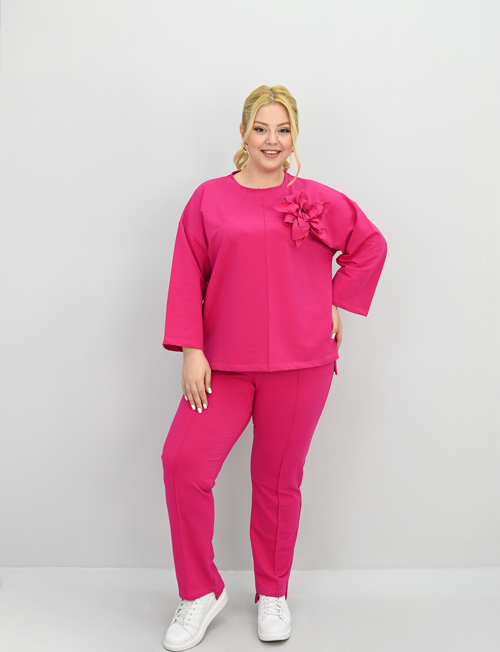 Kadın Büyük Beden Uzun Kollu Çiçek Aksesuarlı Eşofman Takımı 8182-25