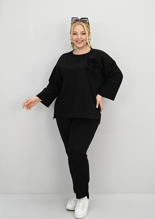 Kadın Büyük Beden Uzun Kollu Çiçek Aksesuarlı Eşofman Takımı 8182-25