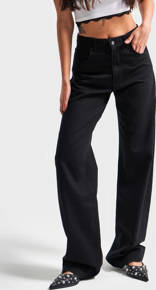 Kadın Siyah Renk 1s5-1 Loose Fit Orta Bel Viskon Kumaş %100 Koton Denim Jean