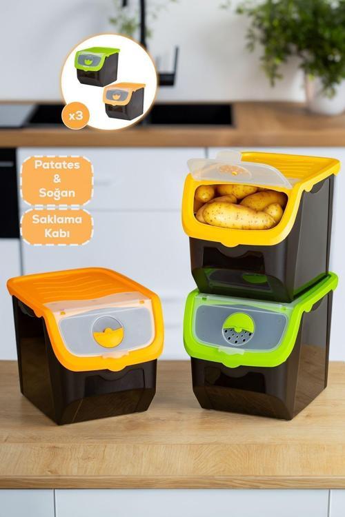 1506 Coral 3'lü Çok Amaçlı Plastik Patates Soğan Sarımsak Saklama Kutusu 12 Litre Renkli Kapak