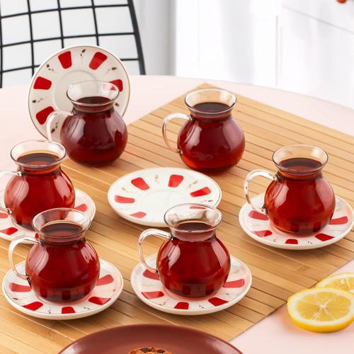 17899 Filiz 12 Parça 6 Kişilik Çay Seti – 210 ml Borosilikat Cam Kulplu Tombik Bardak ve Porselen Çay Tabağı Takımı