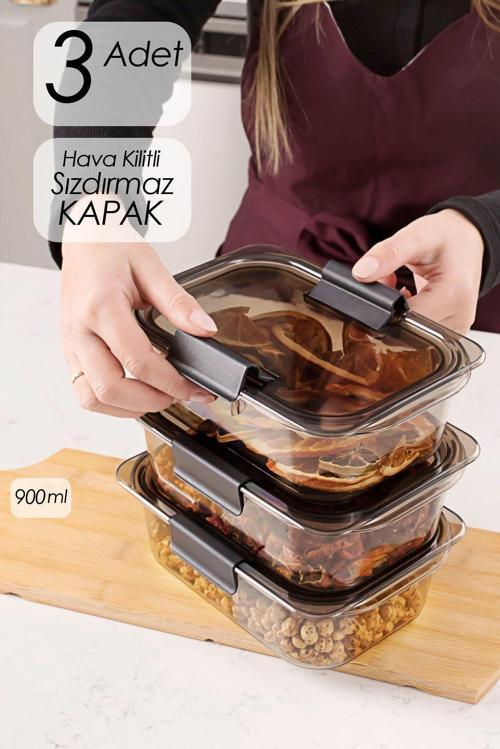 3'lü Kuru Gıda Erzak Saklama Kabı - Meyve & Sebze Saklama Kabı Seti - Kapaklı Beslenme Kabı 900mlx3