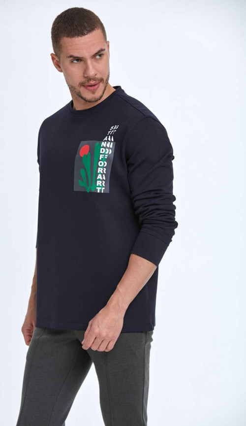 Pattern Bisiklet Yaka Erkek Sweatshirt Lacivert