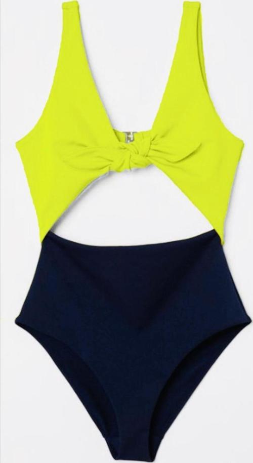 DB20097M SİYAH-NEON SARI ÖNÜ AÇIK FİYONKLU KAPLI MAYO