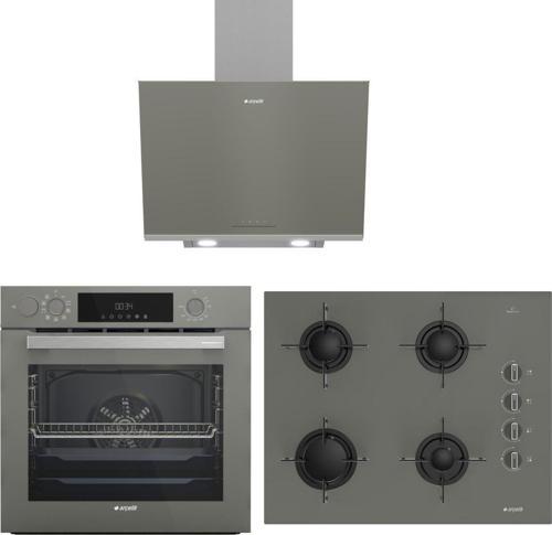 YENİ GRİ ÜÇLÜ BUHAR DESTEKLİ CAM ANKASTRE SET (AFC 340 G + OCD T 651 EG + ADE 606-2 G)