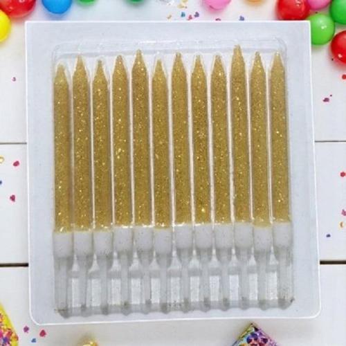 DOĞUM GÜNÜ PASTA MUMU GOLD 12 ADET SİMLİ  MUM 10 CM KUTLAMA MUMU