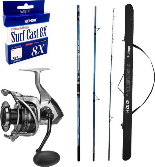YekOutdoor Profesyonel Olta Seti Okuma Surfliner+ Surf 420cm 100-250gr 3 Parça Olta Kamışı&Okuma Tomcat TMC-8000 Olta Ma