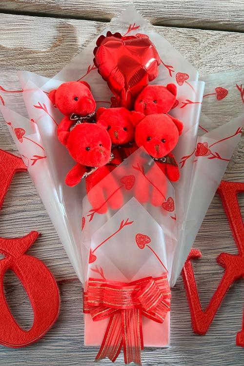 Sevgiliye Özel Kırmızı Konsept Balonlu Romantik Peluş Ayıcık Buketi