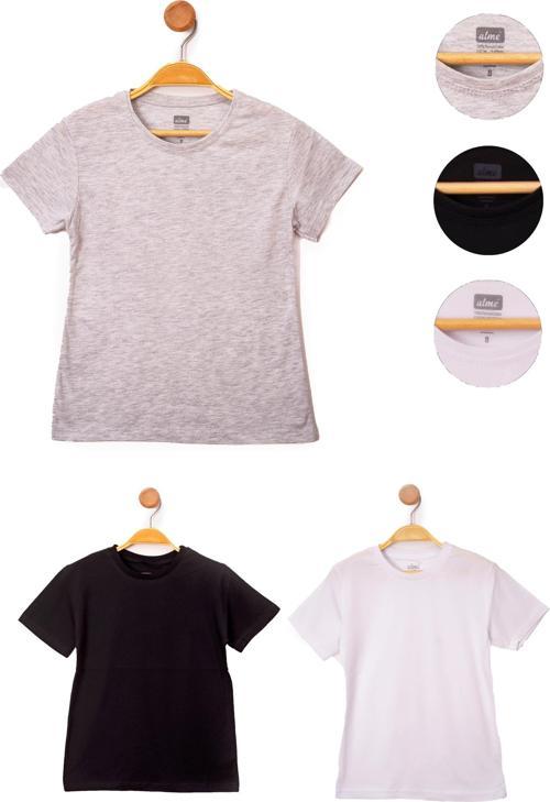 Siyah-Beyaz-Gri Kız Çocuk Basic 3'lü Paket Kısa Kollu T-Shirt 