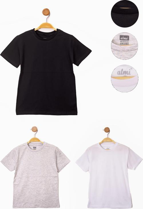 Siyah-Beyaz-Gri Erkek Çocuk Basic 3'lü Kısa Kollu T-Shirt 