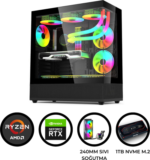 BRN98 Ryzen 5 5600 32GB 1TB M.2 NVMe RTX 4060 8GB 240mm Sıvı Soğutma Oyuncu Masaüstü Bilgisayarı 