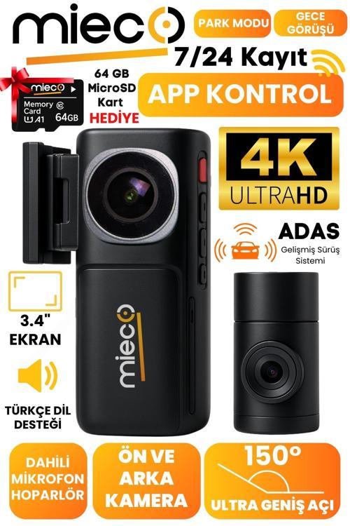 A7 4K UHD /  Wifi / ADAS / 150° Ultra Geniş Açı / Gece Görüşü /  Ön + Arka Araç Kamerası (2025) + Hafıza Kartı Hediyeli