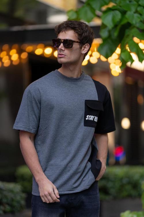 GARDEN Oversize Bisiklet Yaka Pamuklu Tişört - Füme