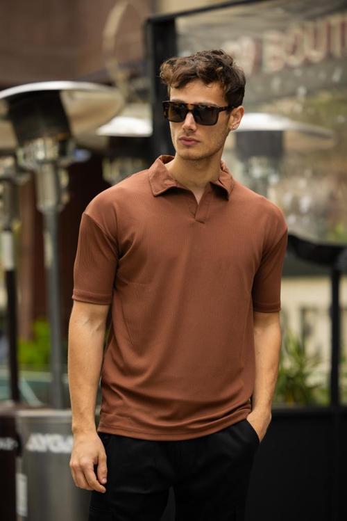 GLASSES V Yaka Oversize Fitilli T-Shirt - Kahve