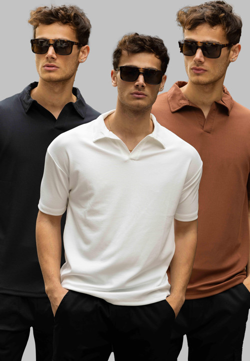 GLASSES V Yaka Oversize Fitilli T-Shirt - 3'lü 3 Renk