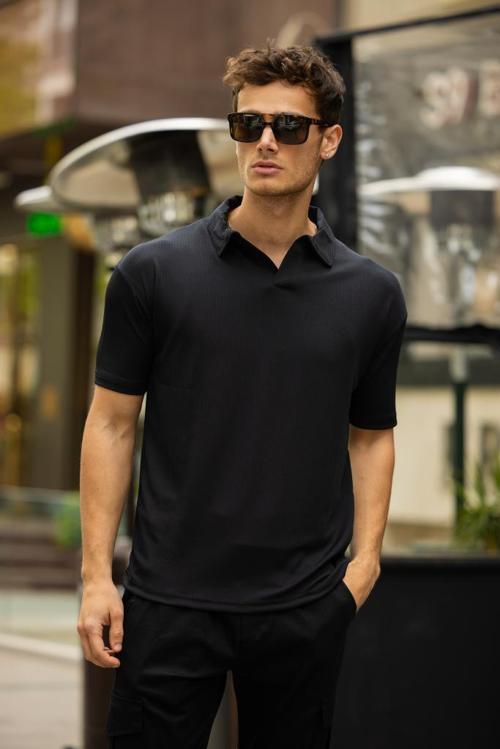 GLASSES V Yaka Oversize Fitilli T-Shirt - Siyah