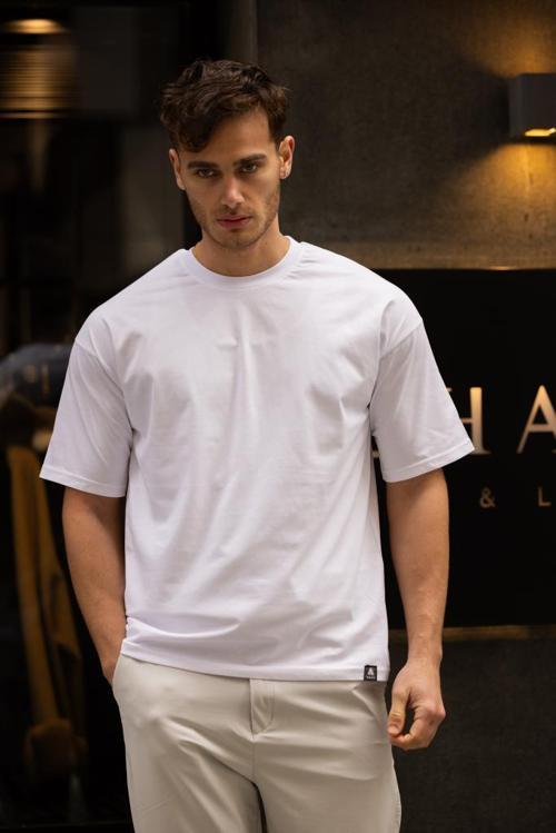 GRAVEL Oversize Bisiklet Yaka Pamuklu T-shirt - Beyaz