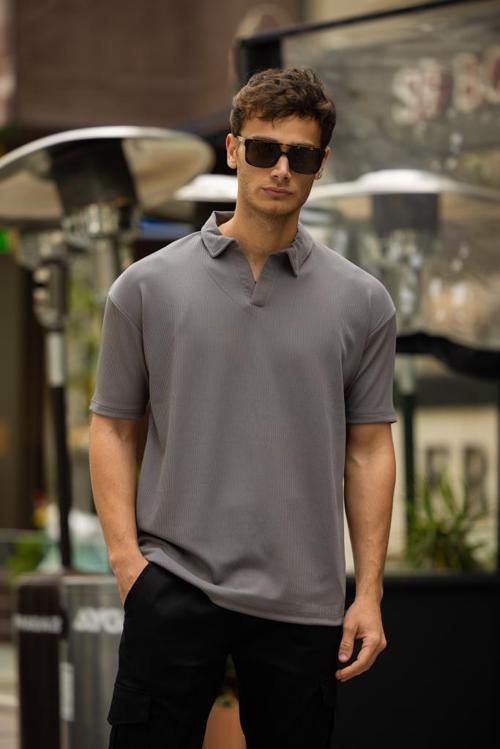 GLASSES V Yaka Oversize Fitilli T-Shirt - Gri