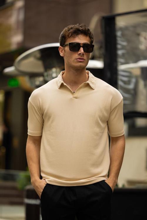 GLASSES V Yaka Oversize Fitilli T-Shirt - Bej