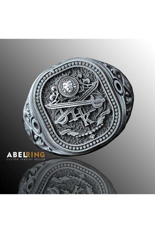 Mühür Yüzük - Aslan Başlı Ve Kılıç Motifli 925 Ayar Gümüş Yüzük