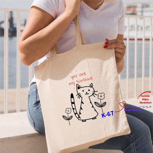 Kedi Tasarımlı Bez Çantalar, Arkadaşa Hediyelik Bez Çanta K Serisi (100 Model)