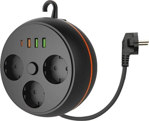 BUFFER® 3 Adet Soket,3 Adet USB ve 1 Adet Type-C Girişli Termal Akım Korumalı Makaralı Priz 3395