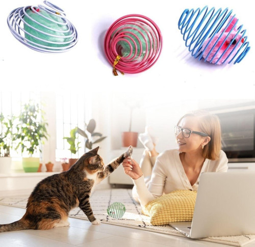 BUFFER® Yaylı Metal Fareli Kafes Kedi Oyun Topu Sıçrayan Spiral Kedi Topu