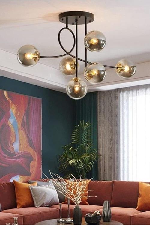 Jade 6 Lı Özel Tasarım Salon - Mutfak - Yatak Odası Modern Füme Glop Camlı Siyah Avize