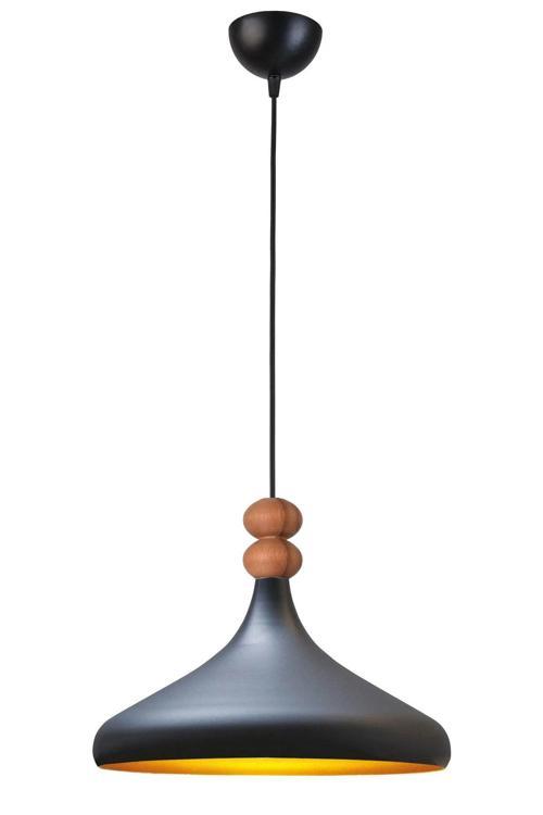 Nil Modern Tasarım Ahşap Detaylı Metal Cafe - Mutfak Siyah Renk Tekli Avize (35 CM)
