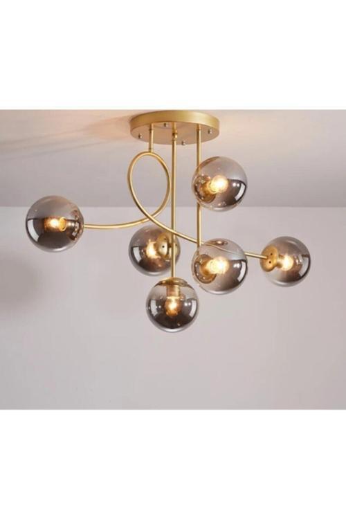 Jade 6'lı Salon - Mutfak - Yatak Odası Özel Tasarım Modern Gold Renkli Füme Glop Camlı Avize