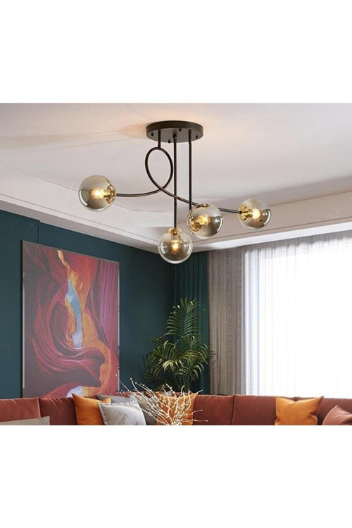 Jade 4 Lü Özel Tasarım Salon - Mutfak - Yatak Odası Modern Füme Glop Camlı Siyah Avize