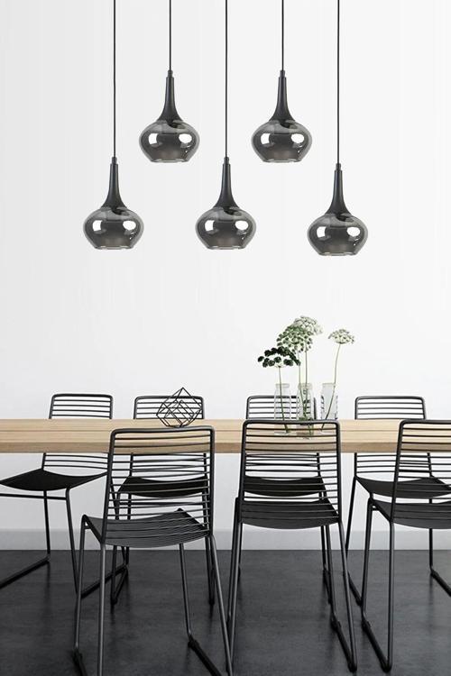 Nero Siyah Renkli Füme Camlı Modern Tasarım Yemek Masası Üstü Mutfak Salon Sıralı 5 Li Avize
