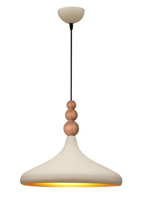 Nil Modern Tasarım Ahşap Detaylı Metal Cafe - Mutfak Krem Renk Tekli Avize (35 CM)