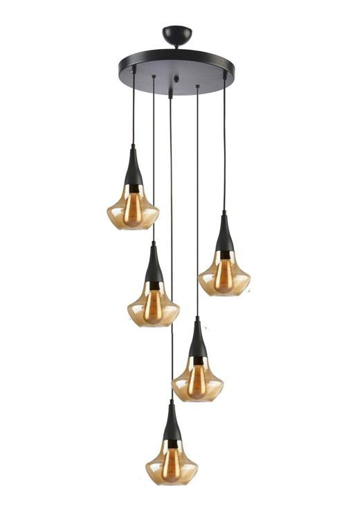 Fora Modern Tasarım Salon - Mutfak - Yatak Odası Siyah Renk Sarkıt Bal Camlı 5 Li Avize