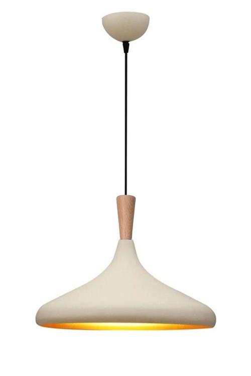 Nil Modern Tasarım Ahşap Detaylı Metal Cafe - Mutfak Krem Renk Tekli Avize (35 CM)