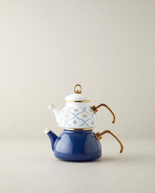 Ornate Retro Emaye Mini Çaydanlık 0,50 lt + 1,1 lt Mavi