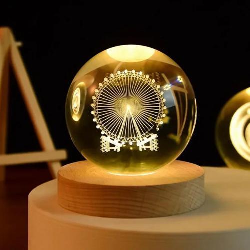 Büro Ev Ofis Hediyesi için 6CM Dönmedolap Model Ahşap Standlı Işıklı Cam Küre