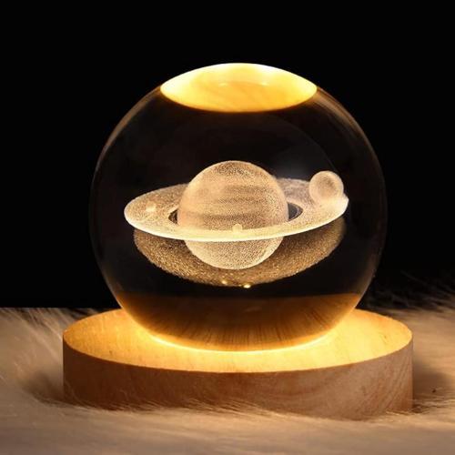 Büro Ev Ofis Hediyesi için 6CM Saturn Model Ahşap Standlı Işıklı Cam Küre