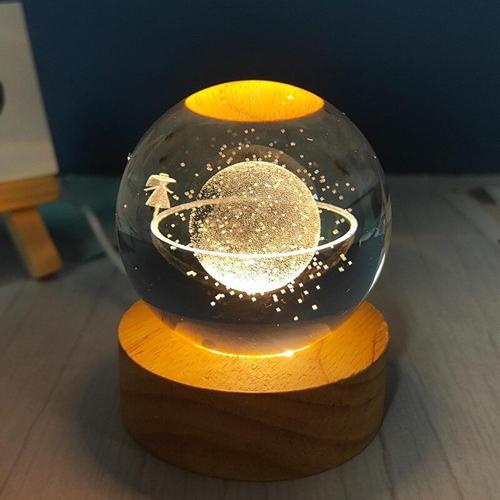 Büro Ev Ofis Hediyesi için 8CM Satürn Kız Model Ahşap Standlı Işıklı Cam Küre
