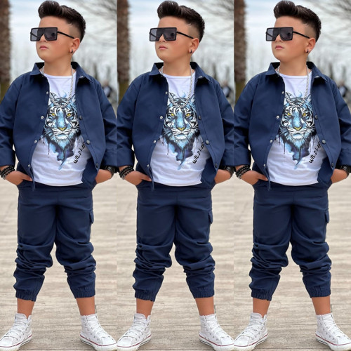 GABARDİN GÖMLEK KARGO CEP PANTOLON ve KAPLAN BASKILI TSHIRT 3 PARÇA ERKEK ÇOCUK TAKIM