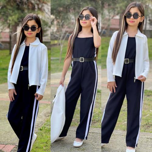 KEMER HEDİYELİ BELİ LASTİKLİ ŞERİT DETAYLI GARSON BOY KIZ ÇOCUK SİYAH TULUM & CEKET KOMBİN